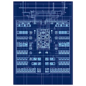 Retro Futurism Computer Lab Blueprint Poster Isometric Tech Wall Art Neon Cyan Line Drawing | A4 A3 50x70 cm