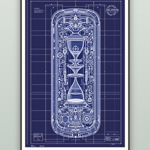 Bauplan einer imaginären Zeitreisemaschine, technische Retro-Science-Fiction-Zeichnung, nerdige Bürowanddekoration