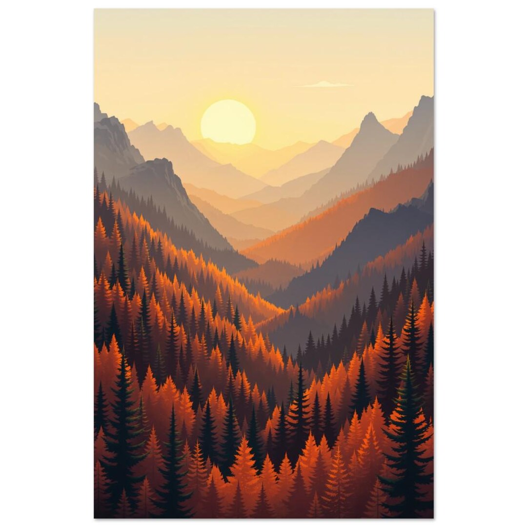 Layered Mountain Sunset Wall Art Autumn Valley Landscape Print Gradient ...