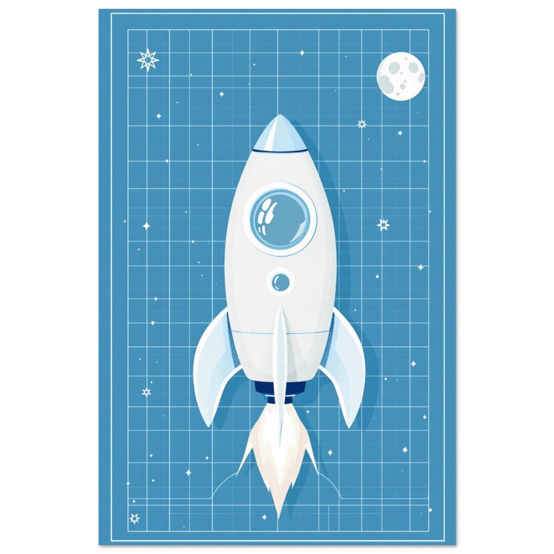 Rocket Ship Nursery Wall Art Retro Blueprint Space Print Kids Room ...