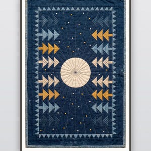 May include: A rectangular wall quilt featuring a dark blue background with a central cream-colored circular sunburst design. The quilt is decorated with rows of triangular tree motifs in mustard yellow, light blue, and cream, accented by small dots.