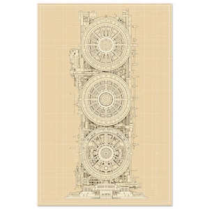 May include: A detailed blueprint-style print featuring a complex mechanical design with three large, circular components. The artwork is rendered in shades of brown and beige, with intricate line work and a grid background, suggesting an architectural or engineering theme.