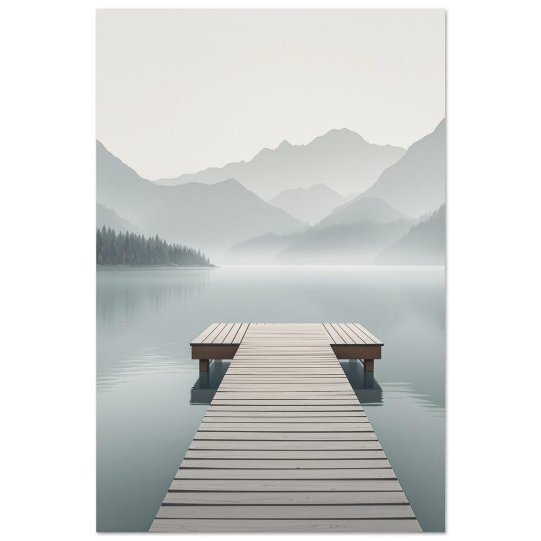 Mountain Lake Dock Wall Art Serene Misty Lake Print Scandinavian ...