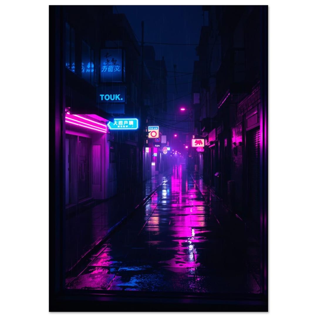 Rainy City Window Wall Art Noir Rain Night Alley Neon Reflections Moody ...