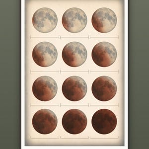 May include: A framed wall art print featuring a grid of twelve circular moon images showing a lunar eclipse progression. The moons transition from light grey to deep reddish-brown against a cream background. Text at the bottom reads MULTIPLE SIZES · INCHES & CM.