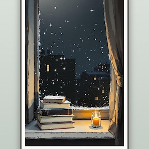 May include: A framed art print depicting a snowy night scene viewed through a window. A stack of five books sits on the windowsill next to a lit candle in a glass jar. Outside, a dark cityscape is visible under a starry, snow-filled sky.