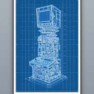 Retro arcade console exploded blueprint diagram, line art gaming room poster | A4 A3 50x70 cm