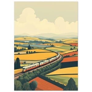 Train de campagne classique à travers des champs en patchwork, illustration d'affiche de voyage du milieu du siècle, art mural de salon | A4 A3 50 x 70 cm