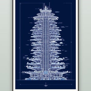 Futuristic arcology megastructure blueprint illustration, sci-fi architectural line drawing wall art