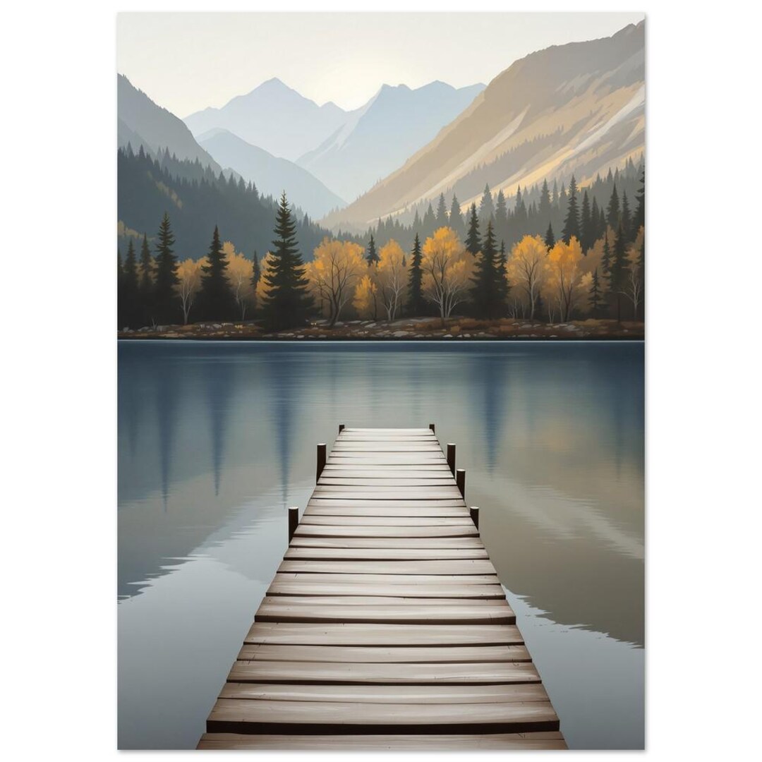 Mountain Lake Dock Wall Art Tranquil Autumn Lake Print Misty Mountain ...