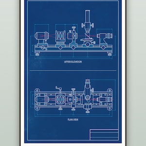 May include: A blue technical blueprint print featuring a scientific optical bench setup. The diagram displays an upper elevation and a plan view with white line drawings of lenses, a microscope, and light paths. Text labels include UPPER ELEVATION and PLAN VIEW.