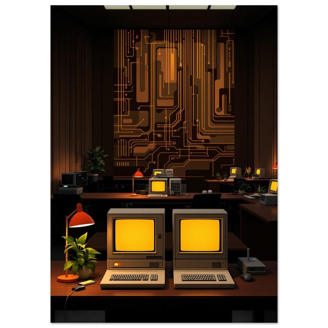 Retro Futurism Computer Lab Wall Art Cozy Neon Tech Aesthetic Isometric ...