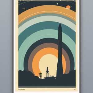 Vintage rocket launch diagram with orbital arcs, mid-century space exploration poster art | 12x18 16x24 24x36