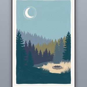 May include: A framed art print featuring a landscape illustration with a crescent moon in a light blue sky above layers of dark green and olive pine trees. In the foreground, a circular stone fire pit sits on a patch of light tan grass.
