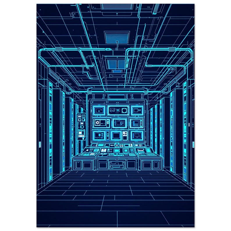 Retro Futurism Computer Lab Poster Blueprint Style Tech Wall Art ...