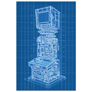 May include: A blueprint-style illustration of a retro arcade machine. The design shows internal components and a screen, rendered in white lines against a blue grid background. The machine has a control panel with buttons and a joystick.
