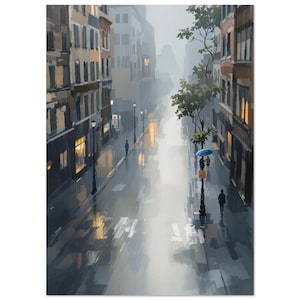 Arte mural callejero de ciudad lluviosa, bulevar urbano en ángulo alto, impresionista, reflejos de lluvia, impresión melancólica / A4 A3 50 x 70 cm