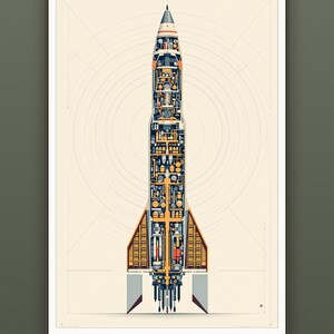 Illustration schématique d'une fusée en coupe des années 1960, affiche technique rétro de l'ère spatiale, art mural du milieu du siècle