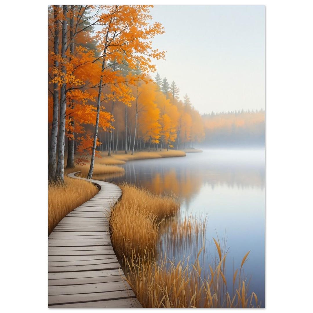 Autumn Forest Boardwalk Wall Art Lake Path Painting Fall Foliage Print ...