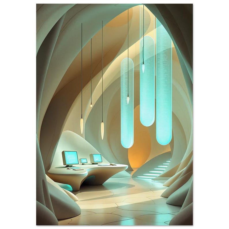 Retro Futurism Computer Lab Wall Art Neon Tech Cavern Isometric Sci Fi ...