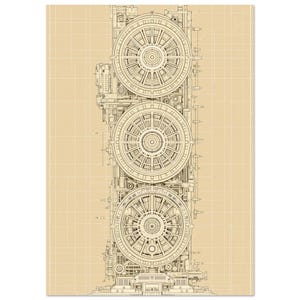 Retro Tech Blueprint Wall Art Imaginary Mechanical Computing Engine Retro Technology Line Drawing Print | A4 A3 50x70 cm