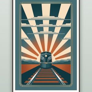 May include: A framed art print featuring a dark blue locomotive traveling on train tracks toward a horizon with a sunburst pattern in orange and cream. The sky includes stylized clouds, and the text "MULTIPLE SIZES · INCHES & CM" appears below.