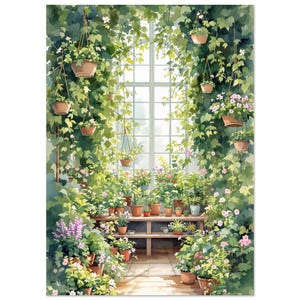 Overgrown greenhouse interior with trailing vines and terracotta pots watercolour, botanical wall art | A4 A3 50x70 cm