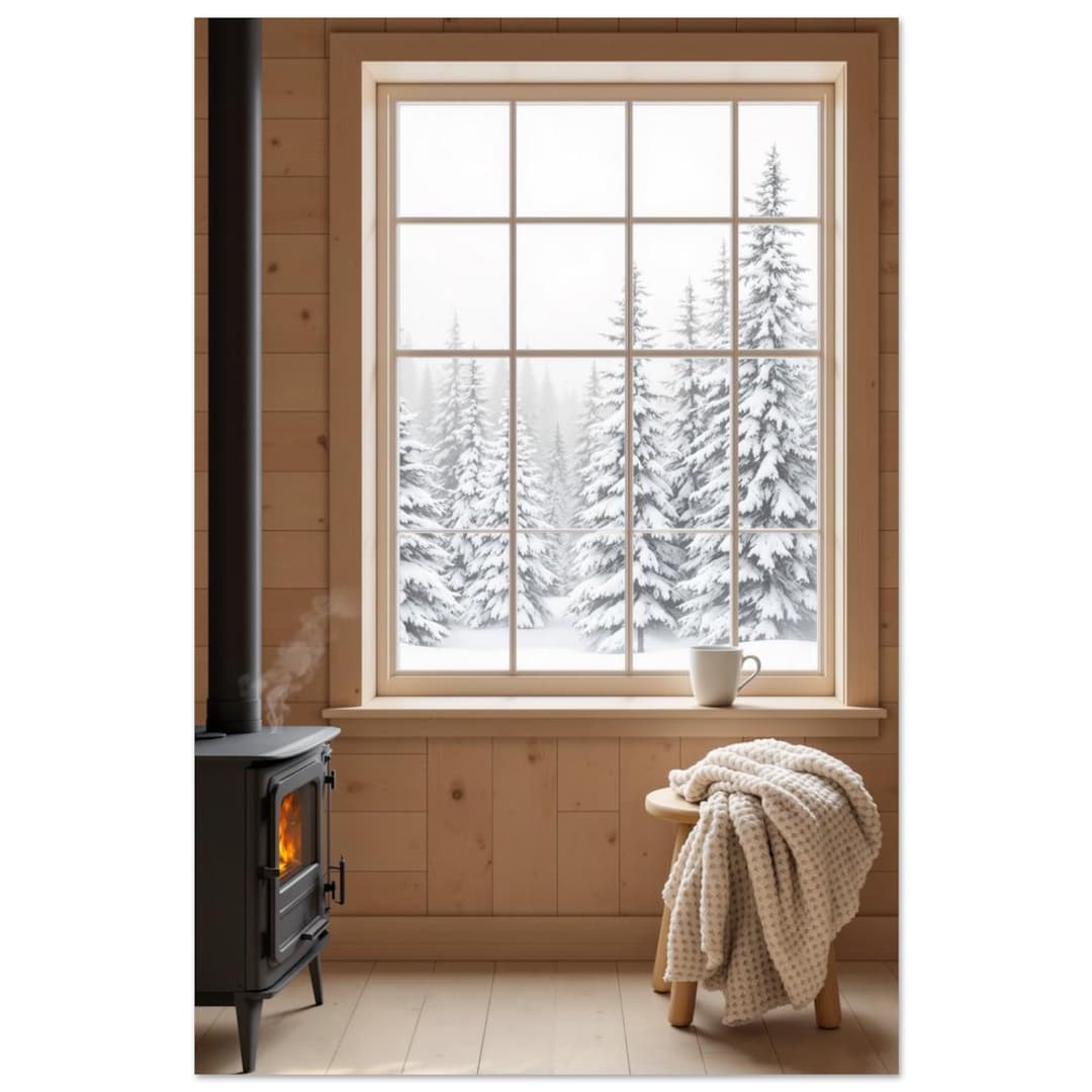 Photo inspiration: Fresh Look at Cozy Winter Cabin Window Wall Art Frosty Pine Forest View