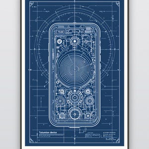 Plan d'une machine à voyager dans le temps de poche, dessin technique rétro de science-fiction, art mural pour bureau de geek