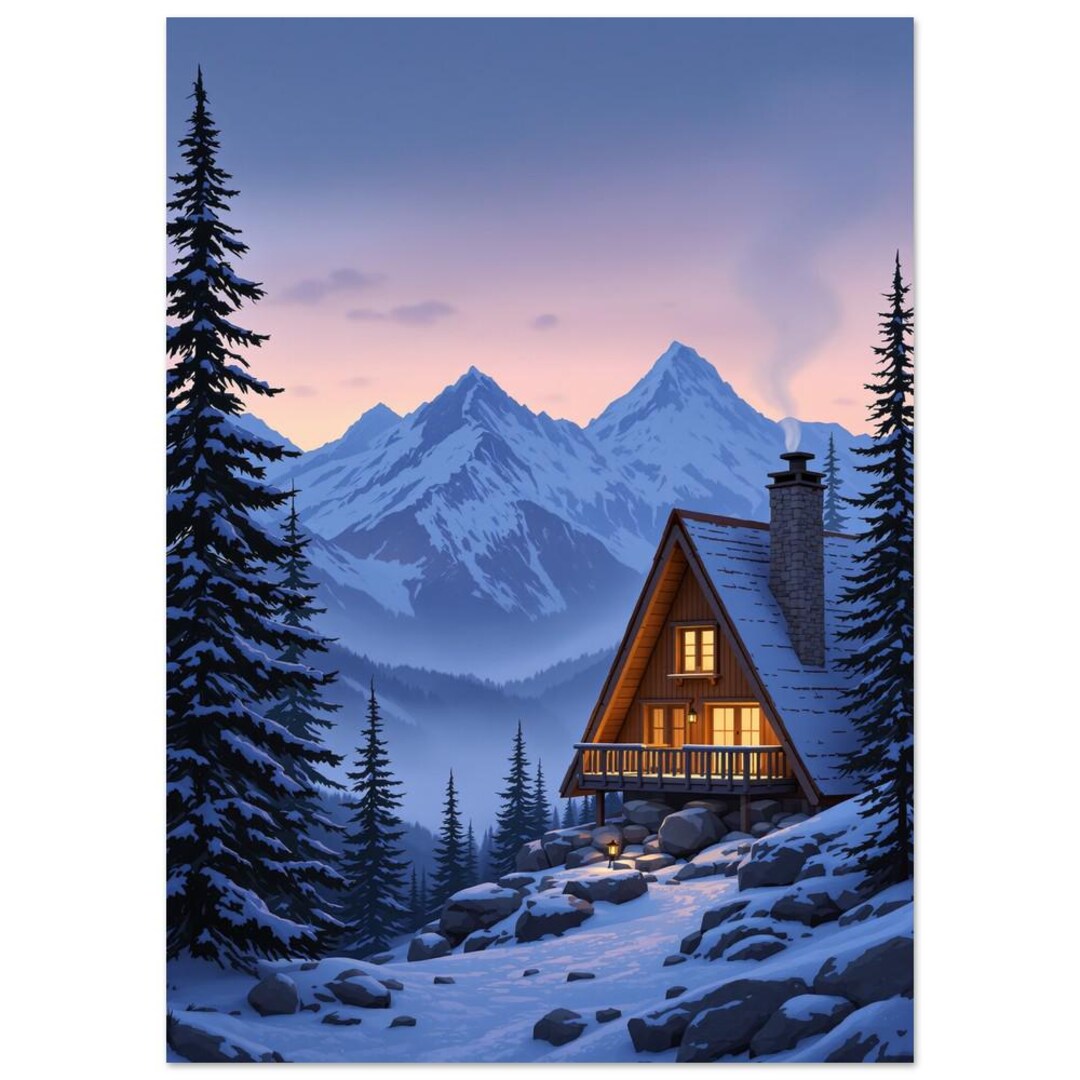 Mountain Cabin Wall Art Dusk A Frame Chalet Painting Cozy Winter Cabin ...