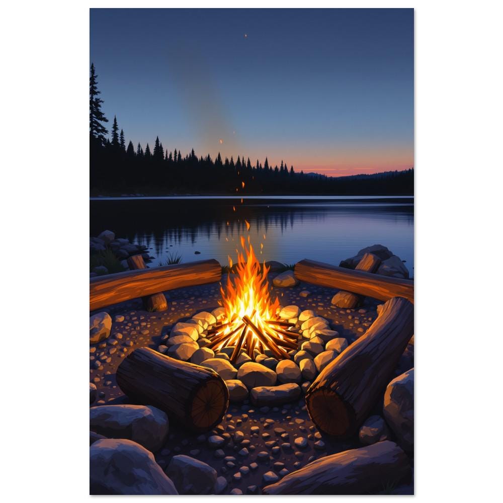 夕暮れの湖畔に石で囲まれた焚き火、温かみのある絵画風のイラスト