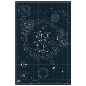 May include: A dark blue blueprint-style print featuring a detailed schematic of a space station or spacecraft. The design includes circular and geometric shapes, with the text "ALANIN ZONE IN JUNE" and "GRAIL LIGHT". The print has a grid background.