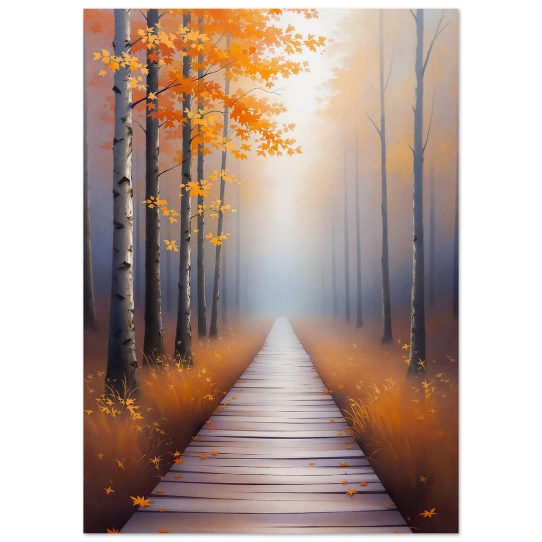 Autumn Forest Boardwalk Wall Art Misty Fall Path Painting Print Cozy ...