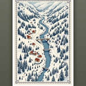 May include: A vertical rectangular art print featuring a snowy mountain valley landscape with a winding blue river, dark green pine trees, and small houses with red roofs. Three arched bridges cross the river. The print has a decorative border.
