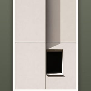 Könnte beinhalten: Ein gerahmter Wandkunstdruck mit einer minimalistischen Architekturfotografie einer hellbeigen Gebäudefassade mit klaren geometrischen Linien, einem einzelnen dunklen rechteckigen Fenster und scharfen Schatten. Der Text "MULTIPLE SIZES · INCHES & CM" ist unten aufgedruckt.