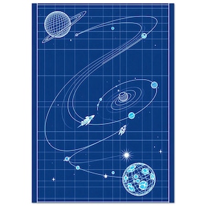 Retro space mission blueprint diagram, multi-stage rocket and orbital path sci-fi print, office wall art | A4 A3 50x70 cm