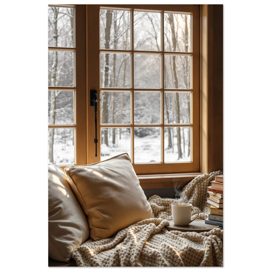 Cozy Winter Cabin Window Wall Art Snowy Forest View Cottagecore Reading ...