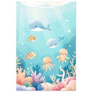 Underwater Nursery Wall Art Cute Sea Animal Parade Pastel Ocean Print Baby Whale Dolphin Turtle | 12x18 16x24 24x36