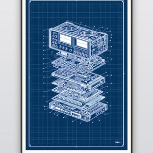 Imaginary analog music console exploded blueprint line drawing, retro tech wall art | A4 A3 50x70 cm