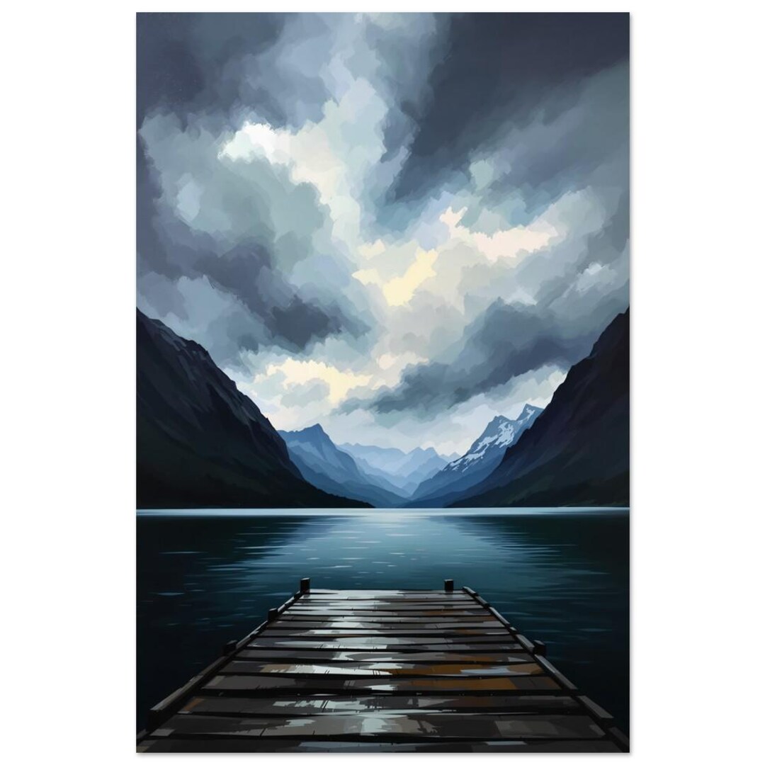 Mountain Lake Dock Wall Art Stormy Highland Lake Painting Moody ...