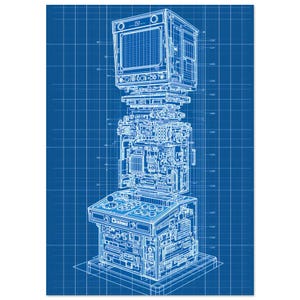 Retro Arcade Blueprint Poster Retro Tech Analog Console Exploded View Line Art Wall Print | A4 A3 50x70 cm