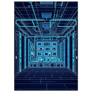 レトロフューチャリズム コンピューターラボ ポスター 設計図風 テック ウォールアート アイソメトリック ネオンライン ドローイング プリント | A4 A3 50 x 70 cm