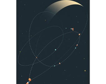 Spacecraft orbit capture diagram retro futurism print, moon approach art for office or study | A4 A3 50x70 cm