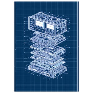 Retro Tech Blueprint Wall Art Imaginary Analog Music Console Exploded View Line Drawing Print | A4 A3 50x70 cm