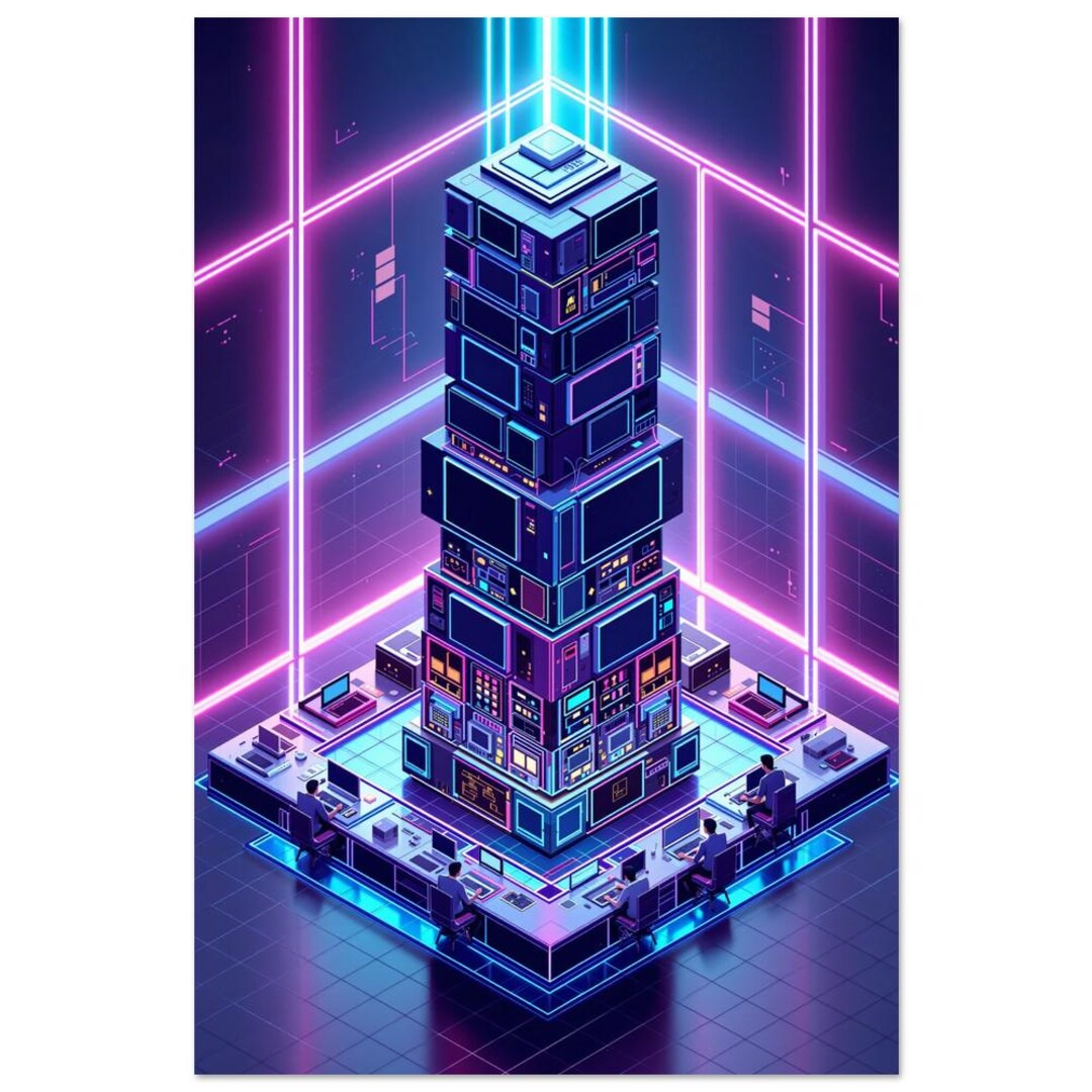 Retro Computer Lab Virtual Background Isometric Retro-futurist Computer Lab With Neon Glow Digital ...