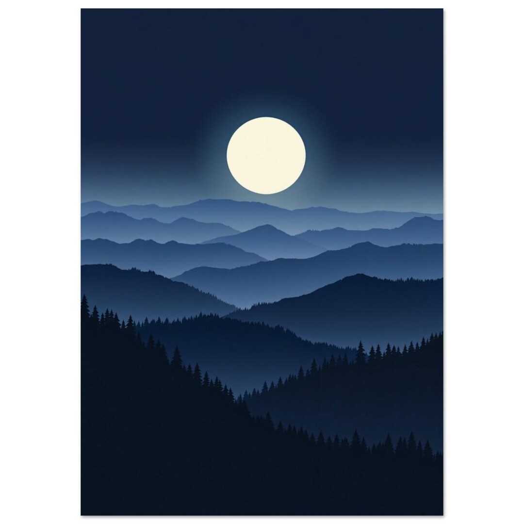 Moonlit Mountain Wall Art Layered Night Ridges Full Moon Landscape ...