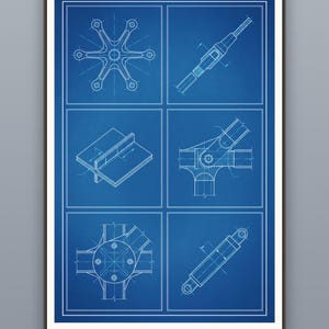 May include: A blue engineering blueprint print featuring six distinct technical diagrams of mechanical components, including a six-pointed star-shaped part, a drill bit, a T-joint, a pivot mechanism, a circular flange, and a hydraulic cylinder.