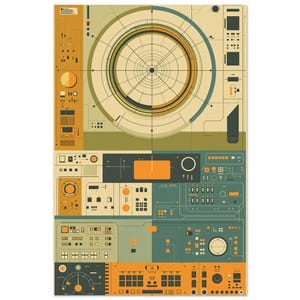 以下が含まれることがあります： レトロフューチャーなデザインの抽象芸術プリント。上部に円形のレーダーのようなグラフィックがあり、オレンジ、グリーン、ベージュの色合いのさまざまな幾何学的な形とパネルが特徴です。全体的な美しさは、ヴィンテージテクノロジーを彷彿とさせます。