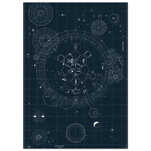 Fictional alien landing zone blueprint map, retro mid-century sci-fi technical print, home office wall art | A4 A3 50x70 cm
