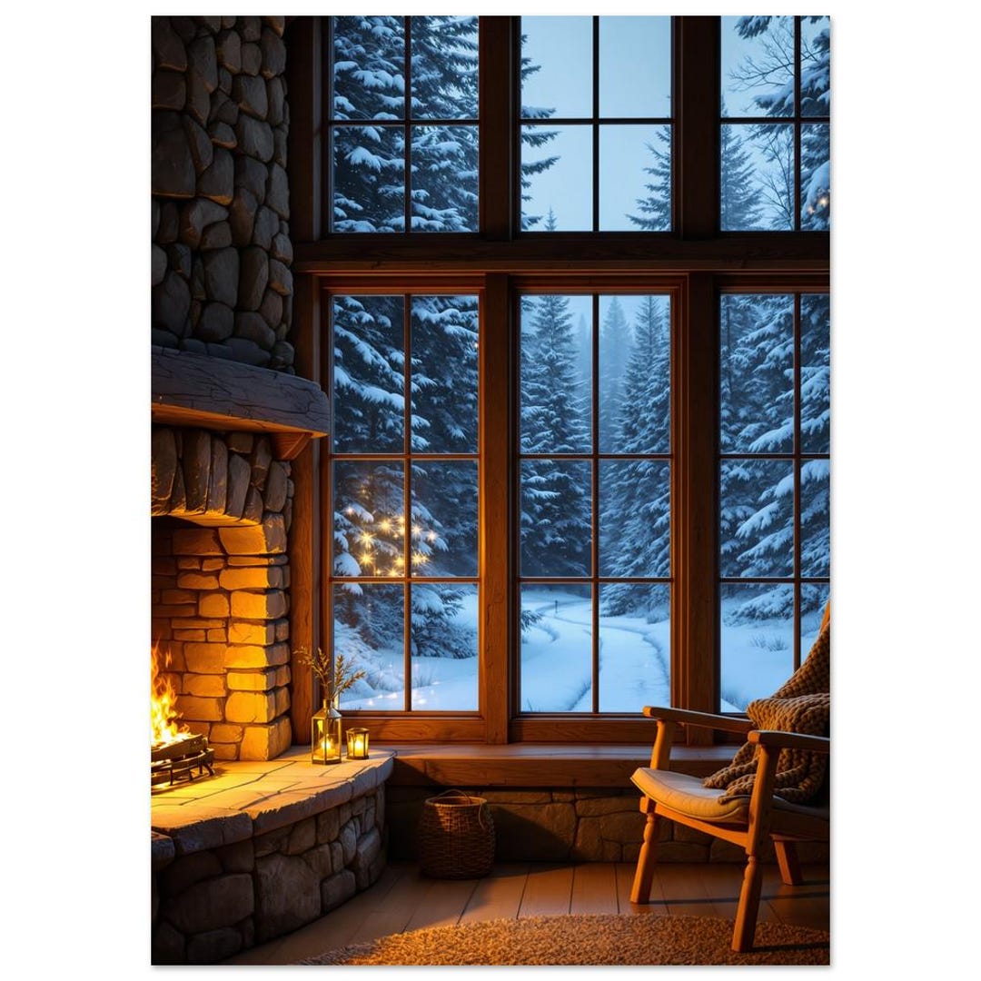 Cozy Cabin Window Wall Art Snowy Pine Forest Print Rustic Winter ...